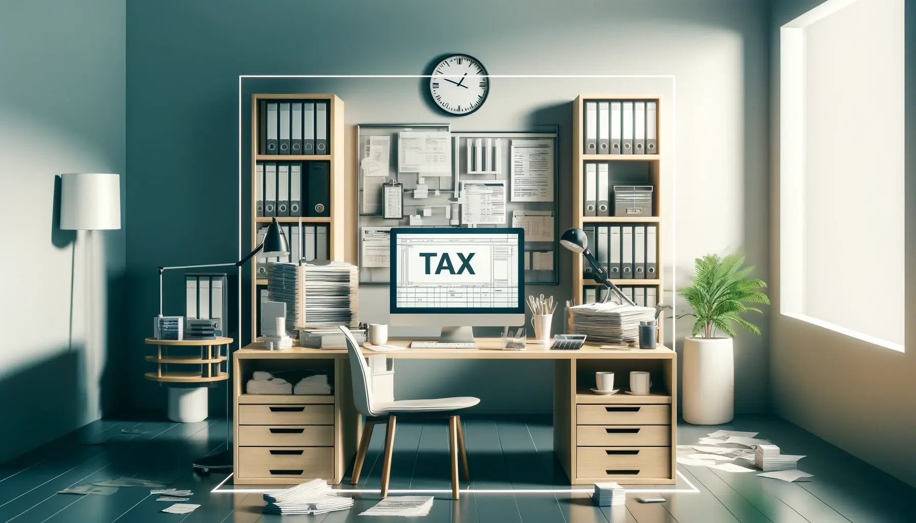 Office room with tax forms and a computer with a word tax on a display