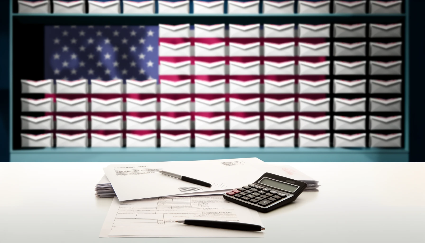 Mail post with a U.S. flag and envalope an calculator